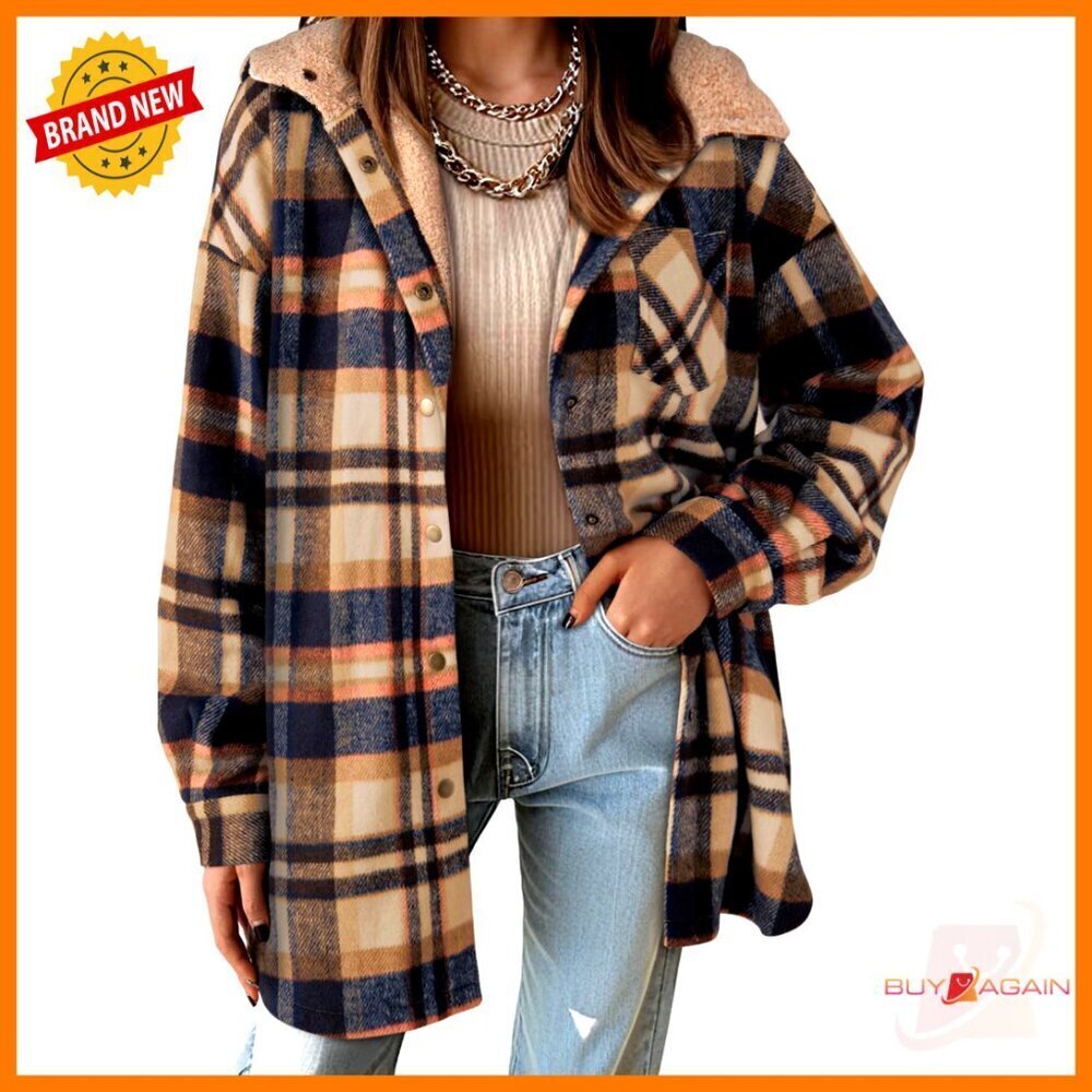 Oversized Flannel Shacket Thick Fleece Jacket Button Down Warm Fuzzy Winter Coat